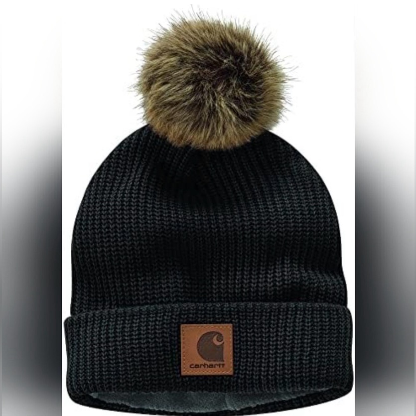 Carhartt Black Knit Pom-Pom Beanie Hat Leather Carhartt Logo One Size